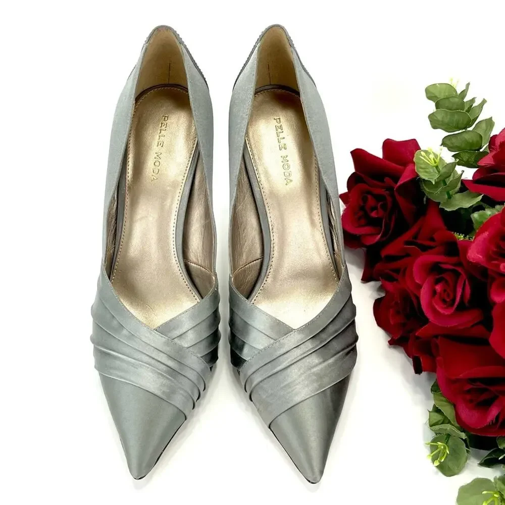 Pelle Moda Stiletto Pump Silver/Gray Satin Sparkly Rhinestone Along The Heel New